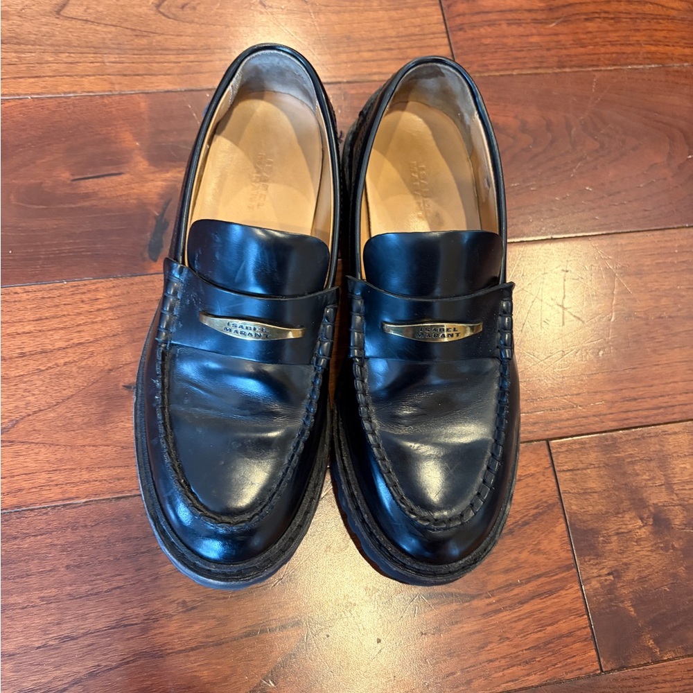 Isabel Marant Black Leather Penny Loafers with Brass Plaque - Picture 2 of 6